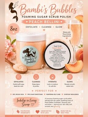 8oz Hand Crafted Foaming Sugar Polish Scrub Peach Bellinie